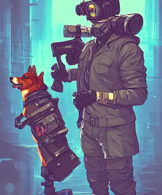 Image similar to a portrait of a cyberpunk corgi holding a chainsaw, fantasy, elegant, digital painting, artstation, concept art, matte, sharp focus, illustration, art by josan gonzalez