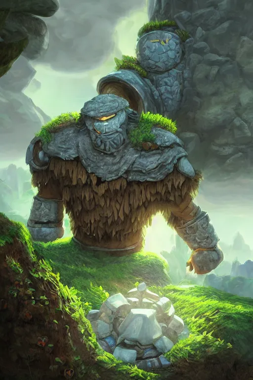 Image similar to zelda fantasy art giant golem troll wood rock greeble gemstone, global illumination ray tracing hdr fanart arstation by sung choi and eric pfeiffer and gabriel garza and casper konefal