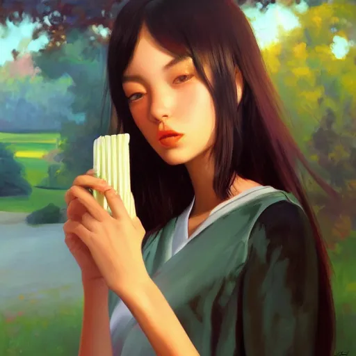 Image similar to oil painting by ilya kuvshinov,, baugh casey, rhads, coby whitmore, of a youthful japanese beauty, long hair, standing eating a popsicle outdoors by vending machines, highly detailed, breathtaking face, studio photography, dawn, intense subsurface scattering, blush, supple look, innocence, intense sunlight