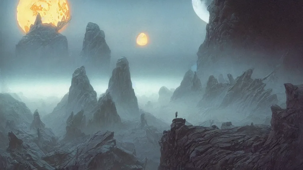 Image similar to eerie atmospheric alien worlds by michael whelan and bernie wrightson, epic cinematic matte painting