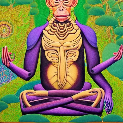 Image similar to an anthromorphic cyborg monkey man meditating in a zen garden, by amanda clark and amanda sage in a psychedelic style, oil on canvas