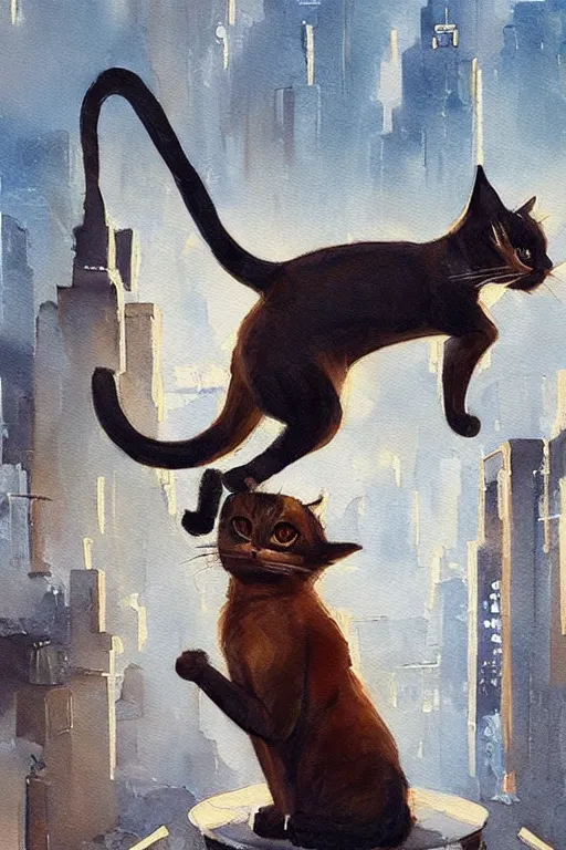 Image similar to a fullbody pose of humanoid cat, beautiful clean oil painting a anthropomorphic cat in a cats city from the top of a roof pinterest, artstation trending, behance, watercolor, by coby whitmore, silver, laser light