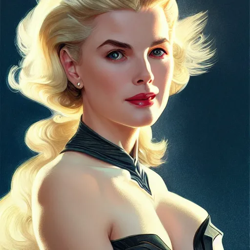 Image similar to Blonde Grace Kelly as Bat Woman, western, D&D, fantasy, intricate, elegant, highly detailed, digital painting, artstation, concept art, matte, sharp focus, illustration, art by Artgerm and Greg Rutkowski and Alphonse Mucha