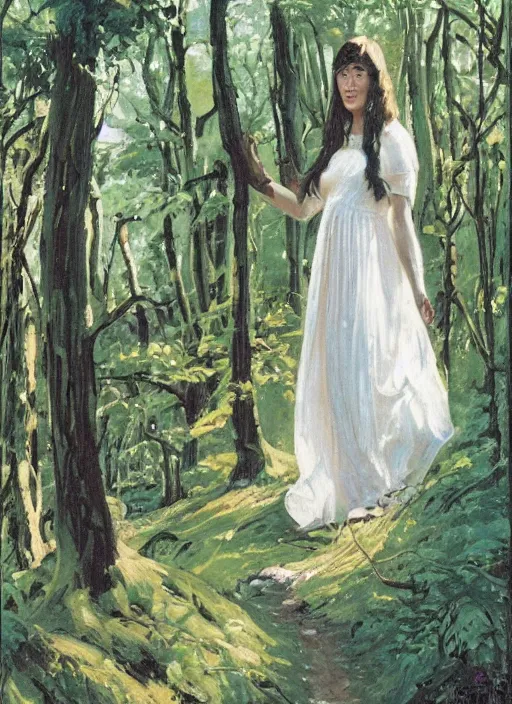 Image similar to a woman with long flowing hair and a flowing white dress in a forest by robert mccall