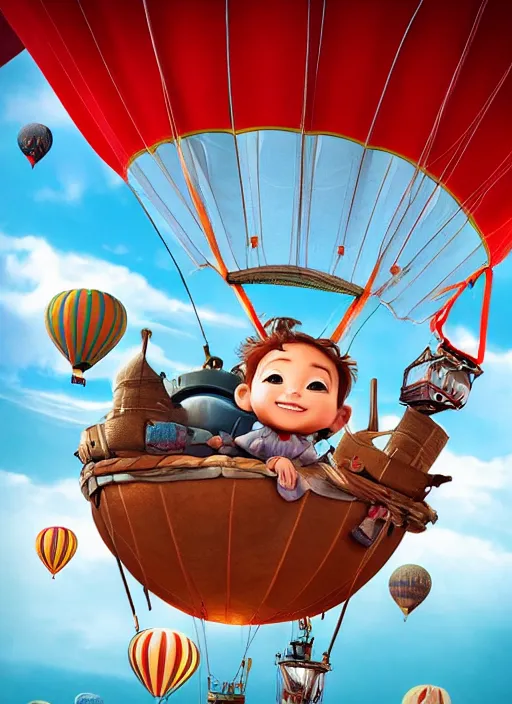 Image similar to a photo of little cute hipoppotamus inside a hot air balloon in world adventure movie by nuri iyem, james gurney, james jean, greg rutkowski, anato finnstark. pixar. hyper detailed, 5 0 mm, award winning photography, perfect faces