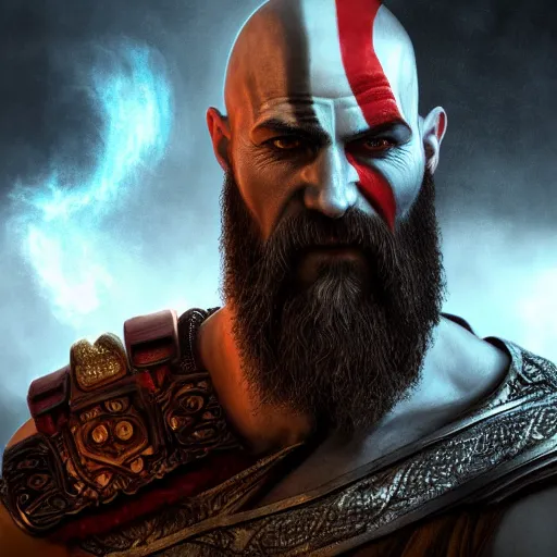 Image similar to portrait of kratos, intricate artwork, concept art, octane render, deviantart, cinematic, key art, hyperrealism, iridescent accents, portrait photograph, nikon 3 5 mm, photograph by greg rutkowski