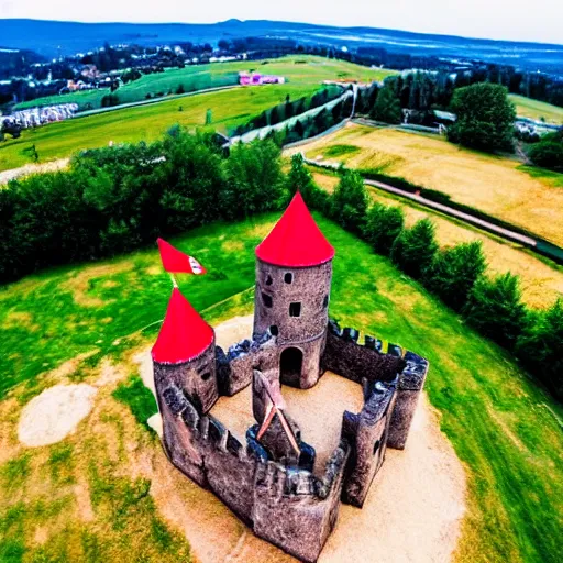 Image similar to Bouncy castle high atop a hill, medieval castle made of vinyl and rubber, inflated colorful castle, aerial photograph, European countryside