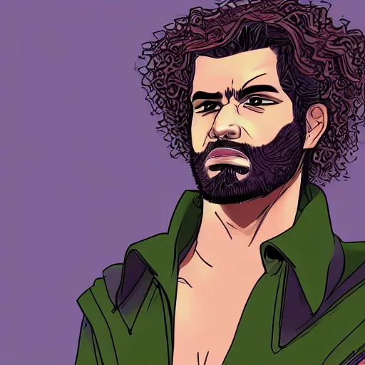 Prompt: a cyberpunk curly-haired persian guy, digital art, aesthetic