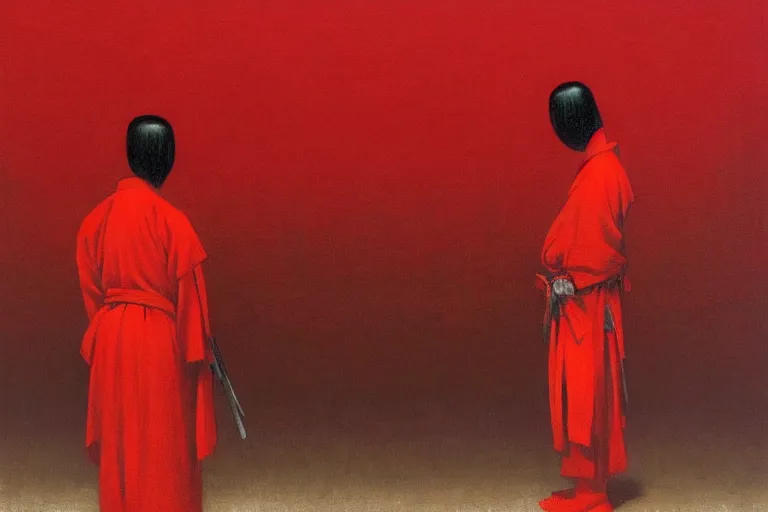 Image similar to only with red, a red samurai harakiri, tokio, a lot of frogs watch, in the style of beksinski, parts by edward hopper, parts by rodcenko, parts by yue minjun, intricate and epic composition, red by caravaggio, insanely quality, highly detailed, masterpiece, red light, artstation, 4 k