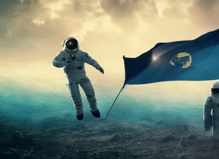 Image similar to astronaut holding a flag in an underwater desert. a submarine is visible in the distance. dark, concept art, cinematic, dramatic, atmospheric, 8 k, trending on artstation, blue, fish, low visibility, fog, ocean floor, christopher nolan, interstellar