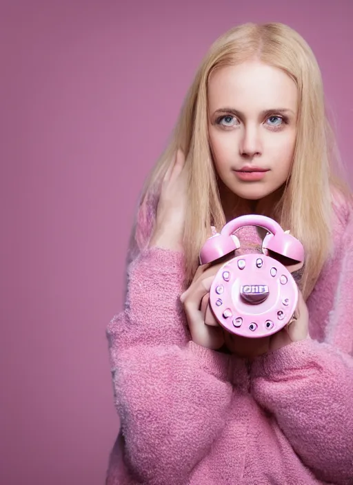 Image similar to head to waist photograph of an extremely beautiful!!!! blond young female , symmetric face!, symmetric round detailed eyes!!, slight smile, studio light, wearing pink chanel outfit !! hodling a pink vintage rotary phone l! plain pink studio background ff94b5. looking at the camera!!. . super resolution. Extremely detailed. fashion editorial