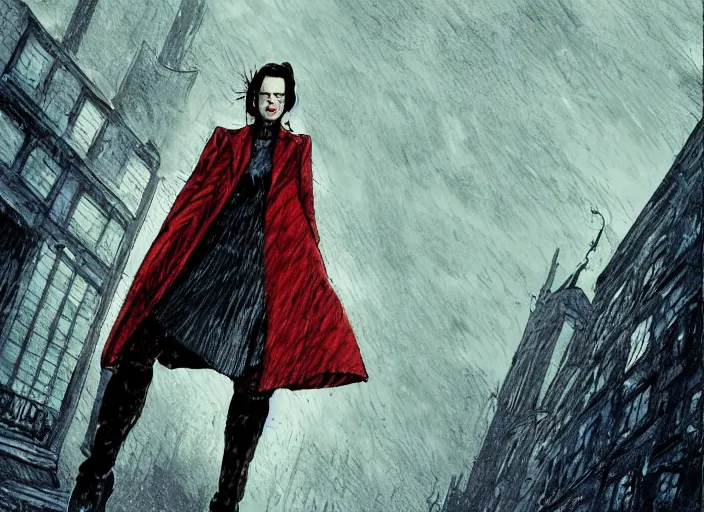 Prompt: young female detective long tailored overcoat, dress, combat boots, in a dark city in the rain, surreal, comic book, low angle, wide angle, concept art by enki bilal, sam kieth, shinji aramaki, greg rutkowksi, andrew ferez