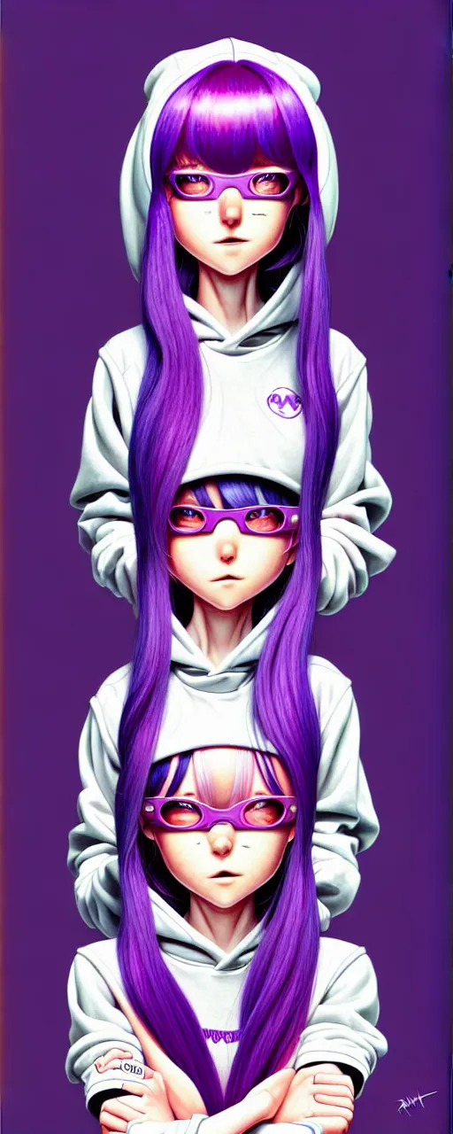 Prompt: richly detailed colored pencil 3D illustration of a singular beautiful female butcher with long purple hair wearing a hoodie and short shorts, she staring at the camera happily. mirrored background with completely rendered reflections, art by Range Murata and Artgerm.