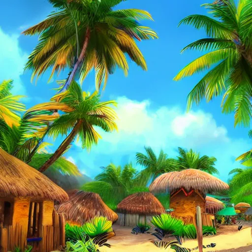 Prompt: a village on a tropical island, very colorful, beach, palms, trending on artstation