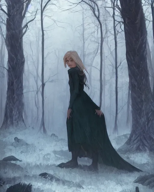 Image similar to elsa walking in a forest, winter, somber, sad, black dress, low light, foggy at dawn, sunlight visible through tree leaves, misty, magic, atmospheric art by artgerm and greg rutkowski and alphonse mucha and by artgerm, by studio muti, greg rutkowski makoto shinkai takashi takeuchi,