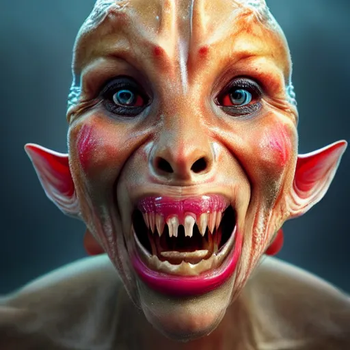 Image similar to a fish wearing human dentures, amazing, beautiful, perfect eyes, full body shot, portrait, vivid colors, elegant, concept art, sharp focus, digital art, Hyper-realistic, 4K, Unreal Engine, Highly Detailed, HD, Dramatic Lighting by Brom, trending on Artstation