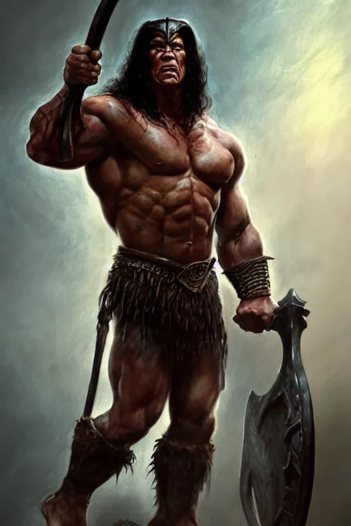 Image similar to full body portrait of [ [ [ john cena ] ] ] as conan the barbarian, art by frank frazetta, greg rutkowski and peter mohrbacher, dramatic action pose, extremely detailed shading, sharply focused, concept art, digital painting, trending on artstation, unreal engine 5, octane render, atmosphere, glow, cinematic lighting, full of color