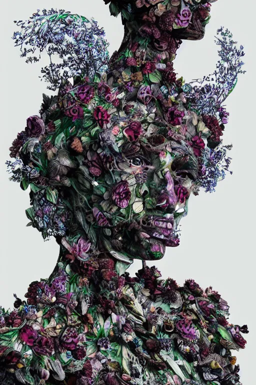 Prompt: sculpture made of flower, portrait, female, future, shaman, Harpers Bazaar, Vogue magazine, insanely detailed, concept art, close up