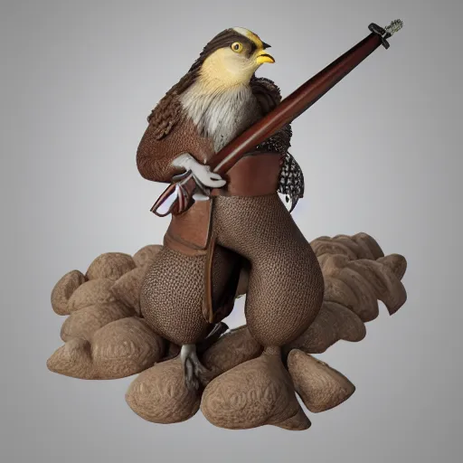 Image similar to a 3 d model of a grouse holding a blunderbuss, studio lighting, octane render, hyper detailed, product photography, 8 k, highly detailed