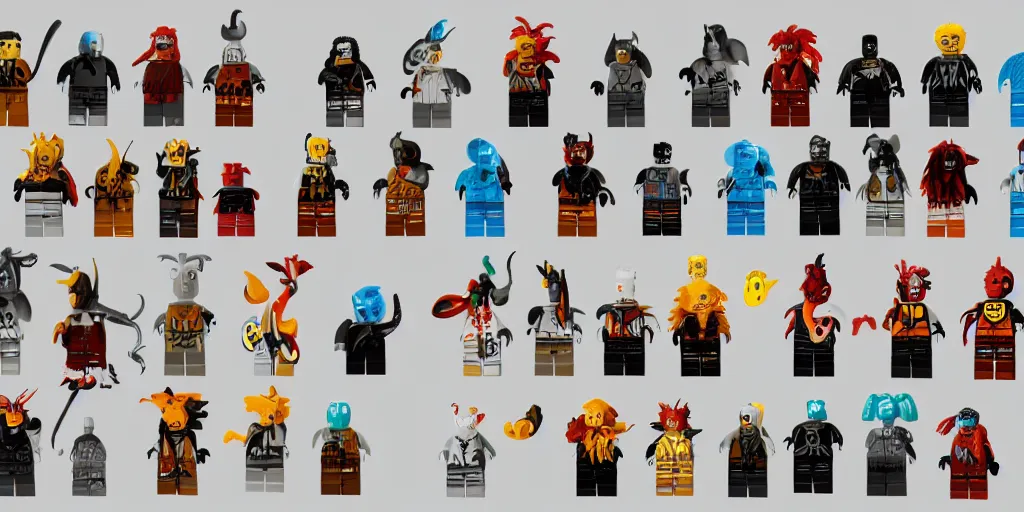 Prompt: creatures made of lego bricks, cute looking, kawaii, sharp focus, character sheet, game concept art