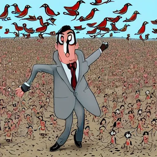 Image similar to angry mr. bean with his mouth wide open flapping his bird wings, thousands of little mr. beans are chasing him, fear panic, restlessness