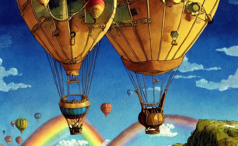 Image similar to steampunk hot air balloon flying through a double rainbow, detailed digital concept art, 4 k movie still, comic book full page by studio ghibli and winsor mccay