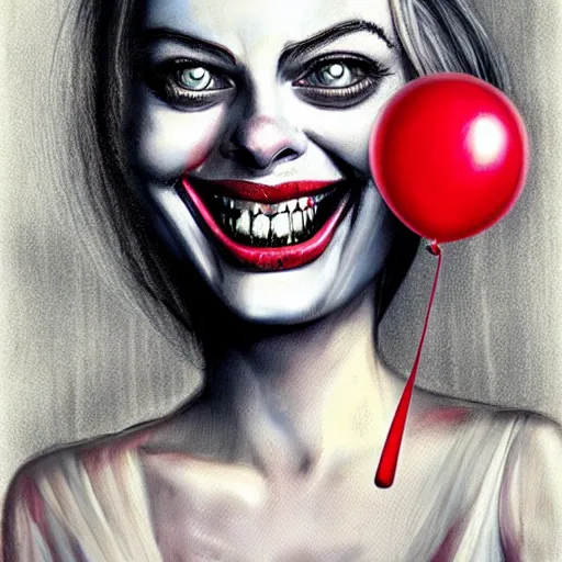 Prompt: surrealism grunge cartoon portrait sketch of margot robbie with a wide smile and a red balloon by - michael karcz, loony toons style, pennywise style, horror theme, detailed, elegant, intricate