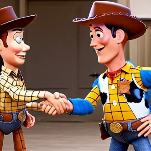 Image similar to tom hanks meeting woody from toy story in 2019
