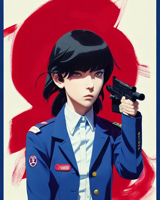 Image similar to girl wearing uniform, holding pistol at side, windy, cool pose | | audrey plaza, fine detail!! anime!! realistic shaded lighting!! poster by ilya kuvshinov katsuhiro otomo ghost - in - the - shell, magali villeneuve, artgerm, jeremy lipkin and michael garmash and rob rey