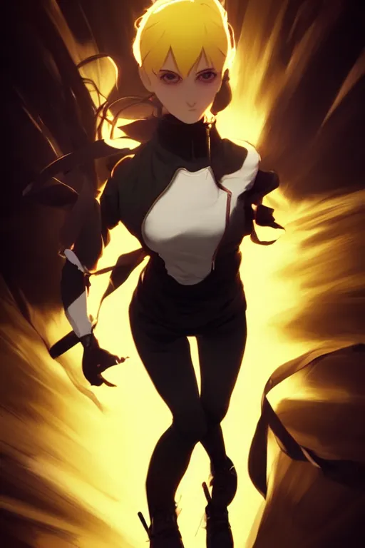 Image similar to black ponytail hair, pale woman in a black zipper jacket, yellow eyes, by artgerm, hair tied in a ponytail, white backdrop, soft lighting, fighting pose, dynamic angle, by greg rutkowski makoto shinkai takashi takeuchi