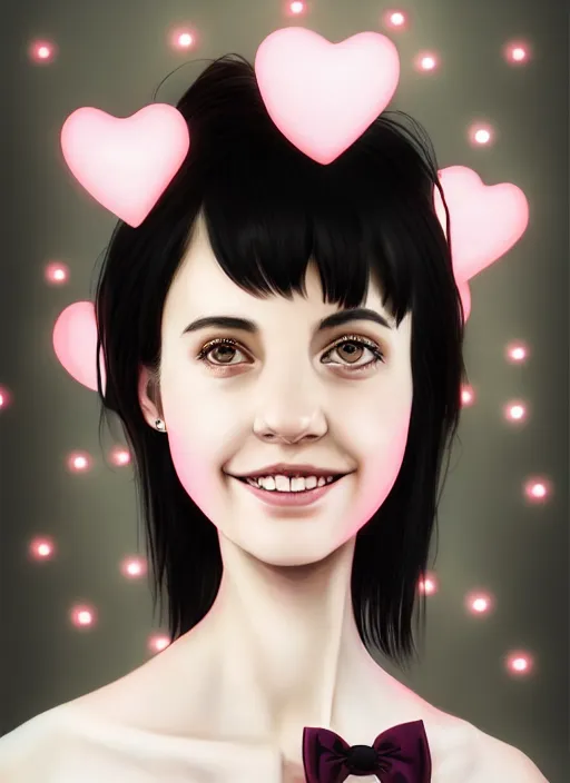 Image similar to portrait of high school girl, realistic, black hair, bangs, half updo hairstyle, pointy nose, skinny, smile, ugly, defined jawline, big chin, pink hair bow, earrings, intricate, elegant, glowing lights, highly detailed, digital painting, artstation, sharp focus, illustration, art by wlop, mars ravelo and greg rutkowski