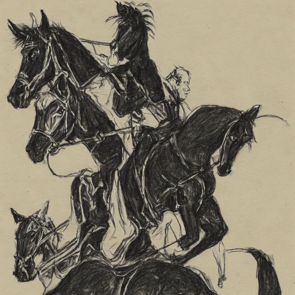 Image similar to sketch of Draco Malfoy riding one black horse, by Mary GrandPré, fairy simple