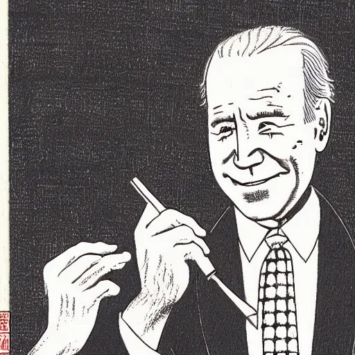 Image similar to Joe Biden writing his death haiku, Japanese woodblock print