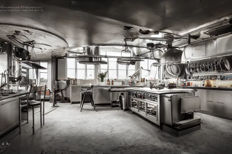 Image similar to a kitchen with kitchenisle by peter vetsch, dieselpunk design, streamlined, aluminium hull, metal, iron, photography, promotional photoshoot, zeiss!!! lens, canon eos, redmagic - cinema, design, studio lighting, 8 k, high detail