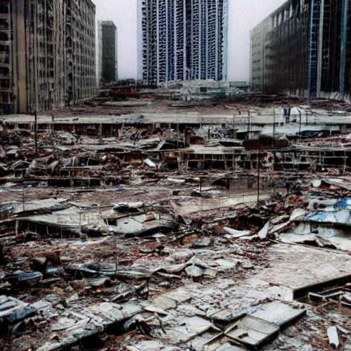 Prompt: broken demolished future city, photo, grime grunge, kodak ektar