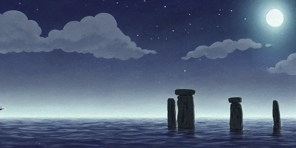 Image similar to a cell - shaded studio ghibli concept art of a giant silver hovering ufo shining a spotlight on a middle eastern merchant in a flooded stonehenge desert on a misty starry night. very dull colors, asymmetrical, hd, 4 k, hq