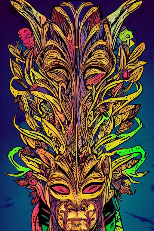 Image similar to animal mask totem roots flower tribal feather gemstone plant wood rock shaman vodoo video game vector cutout illustration vivid multicolor borderlands comics by josan gonzales and dan mumford radiating a glowing aura