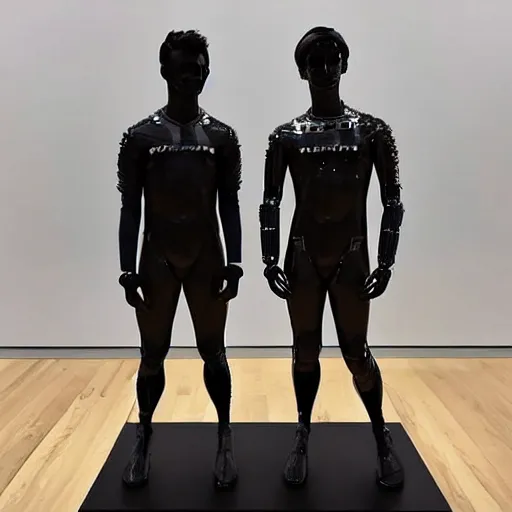 Image similar to “a realistic detailed photo of a guy who is an attractive humanoid who is half robot and half humanoid, who is a male android, British diver Jack Laugher & Chris Mears, shiny skin, posing like a statue, blank stare, at the museum, on display”