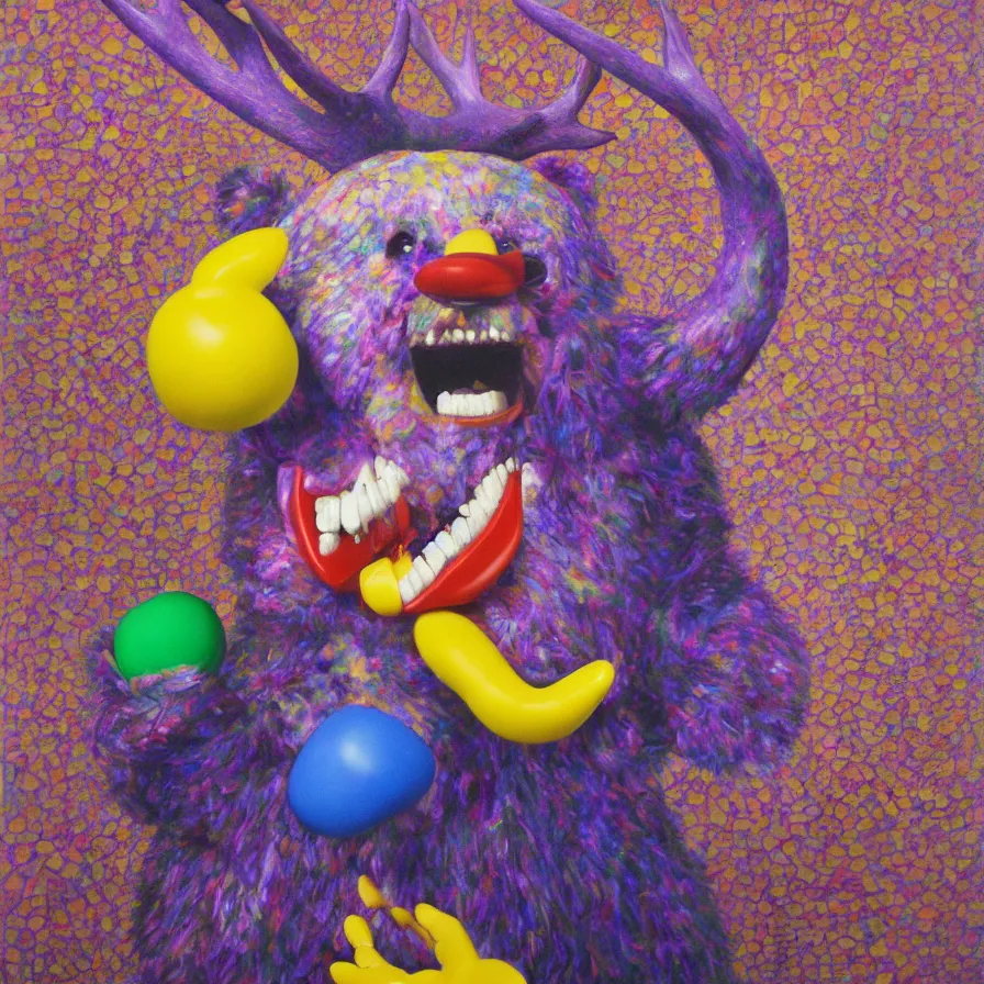 Image similar to rare hyper realistic portrait painting by chuck close, studio lighting, brightly lit purple room, a blue rubber duck with antlers laughing at a giant laughing white bear with a clown mask