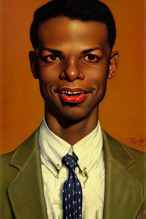 Image similar to tarik luqmaan trotter portrait by gil elvgren and norman rockwell and rob gonsalves and hajime sorayama, hyperrealistic, high detail, ultra detailed, highly detailed face, ruffled fabric