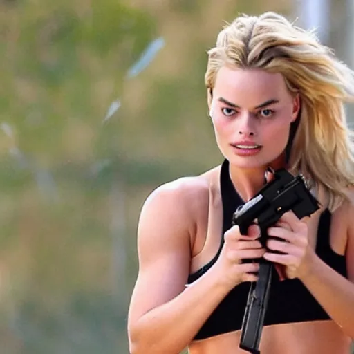 Image similar to sweaty sultry Margot Robbie with guns