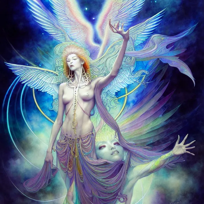 Image similar to psychedelic angelic celestial being by yoshitaka amano, and peter mohrbacher, ayahuasca, sacred geometry, esoteric art, watercolor