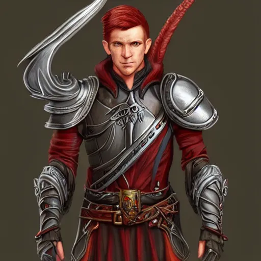 Image similar to character portrait, D&D, male half-elf, artificer, short red hair shaved on sides, white jacketed, half-plate armor, artstation, ultra detailed, todd lockwood