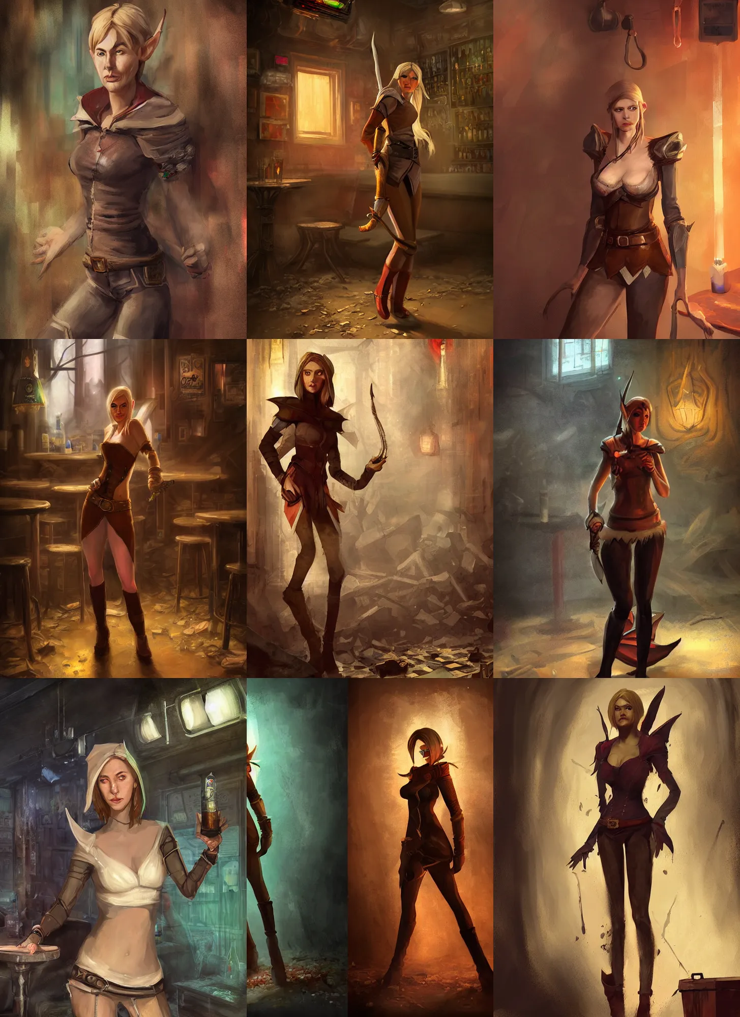 Prompt: full body character portrait of a female elf with a realistically proportioned face from dragon age walking through a destroyed dive bar, dragon age concept art, dragon age, illustration, digital painting, realistic lighting, photorealistic eyes, good value control, enhance face, realistic shading, john singer sargent, in the style of dragon age