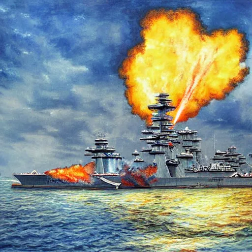 Prompt: Yamato Battleship fires shells at Istanbul City, dramatic painting