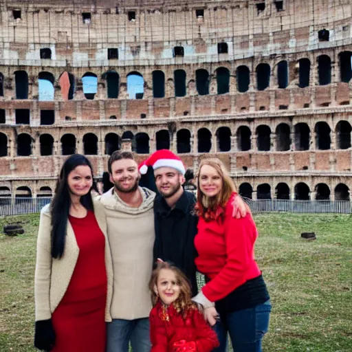 Prompt: a 2 1 st century family celebrating christmas in the colosseum