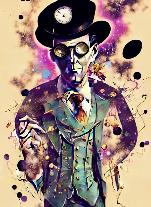 Image similar to arrogant elegant man travels through time via steampunk portals, pixiv fanbox, dramatic lighting, maximalist pastel color palette, splatter paint, pixar and disney exploded - view drawing, graphic novel by fiona staples and dustin nguyen, peter elson, alan bean, wangechi mutu, clean cel shaded vector art, trending on artstation