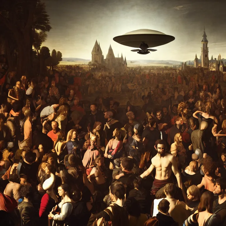 Image similar to beautiful man in a crowd of medieval people surrounding UFO flying saucer, dream-like atmosphere, baroque portrait painting, perfect portrait composition, beautiful detailed intricate insanely detailed octane render trending on Artstation, 8K artistic photography, photorealistic, soft natural volumetric cinematic perfect light, chiaroscuro, award-winning photograph, masterpiece, Raphael, Caravaggio, Greg Rutkowski, Beeple