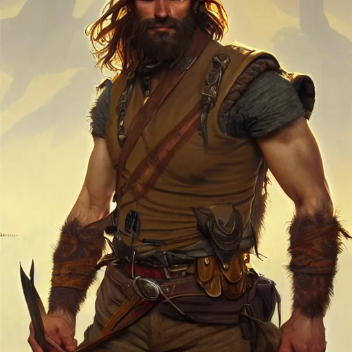 Image similar to Portrait of rugged male ranger, D&D, amber eyes, face, long hair, muscular, fantasy, intricate, elegant, highly detailed, digital painting, artstation, concept art, smooth, sharp focus, illustration, art by artgerm and greg rutkowski and alphonse mucha