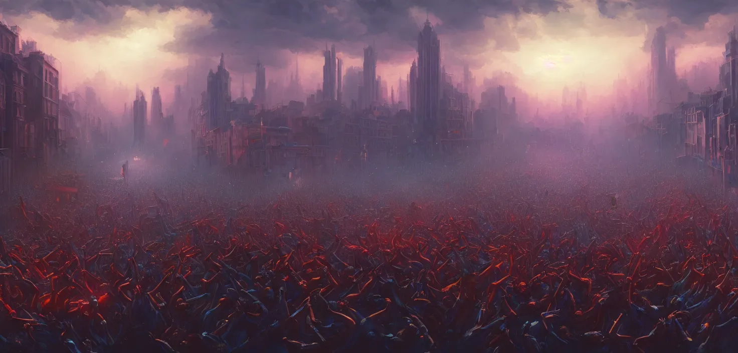 Image similar to painting of a crowd with raised arms pointing toward, demonstration in city, cinematic view, epic sky, detailed, concept art, low angle, high detail, warm lighting, volumetric, godrays, vivid, beautiful, trending on artstation, by jordan grimmer, huge scene, art greg rutkowski